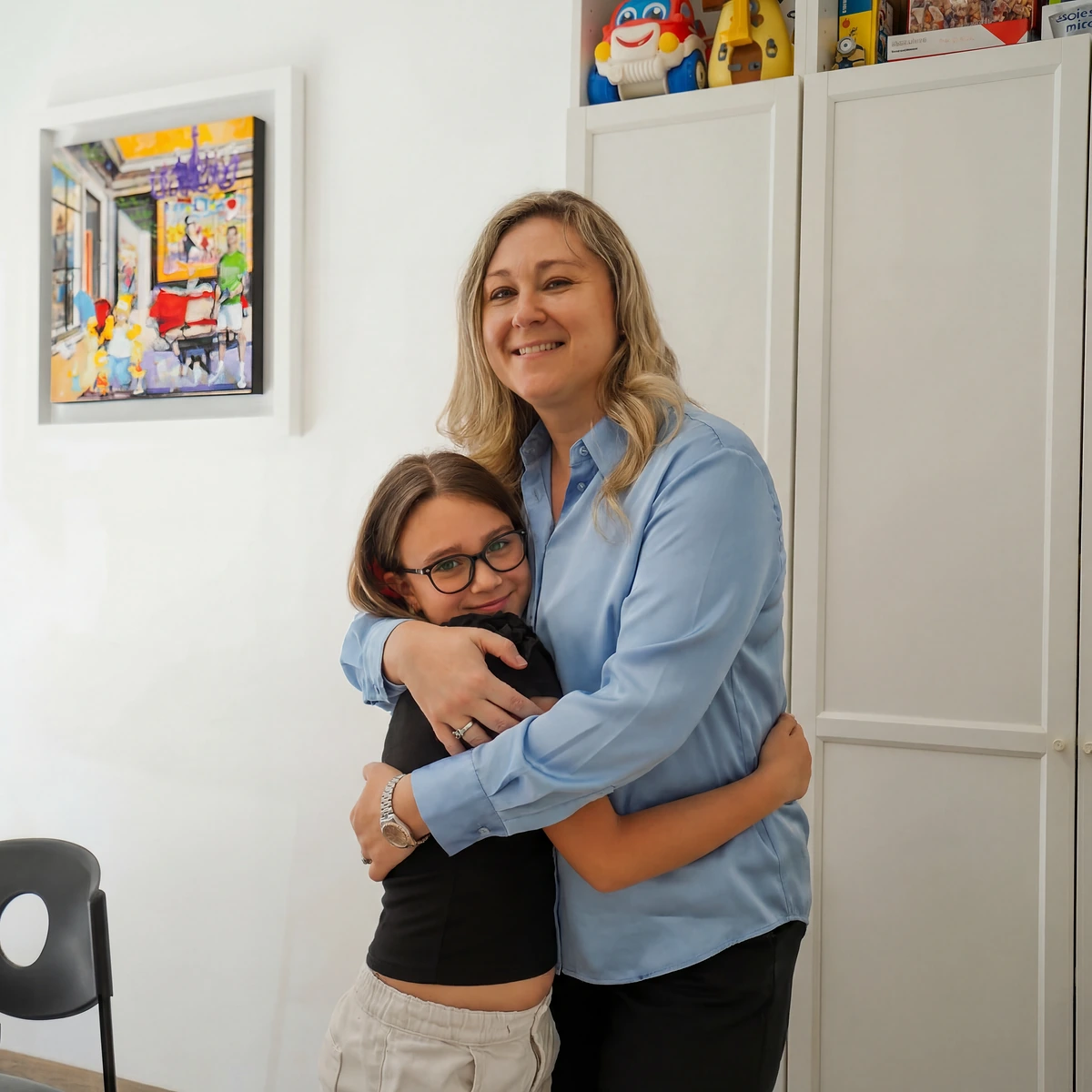 Mariangela Allegrini abbraccia sorridendo una bambina con occhiali nello studio di logopedia a Viterbo
